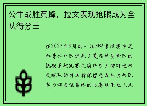 公牛战胜黄蜂，拉文表现抢眼成为全队得分王